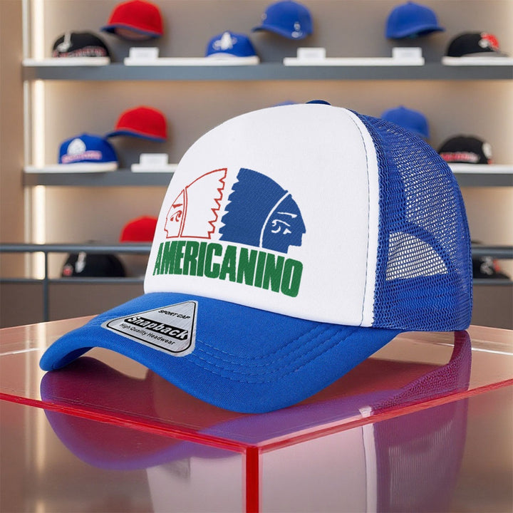 1 Gorra Trucker Retro Ajustable con Logo Americanino - Gorra de Béisbol Ligera de Poliéster con Visera Curva, Parte Trasera de Malla Transpirable, Diseño Unisex para Parejas, Ideal para Actividades al Aire Libre, Baile Urbano, Golf, Playa y Fiestas, Sombr