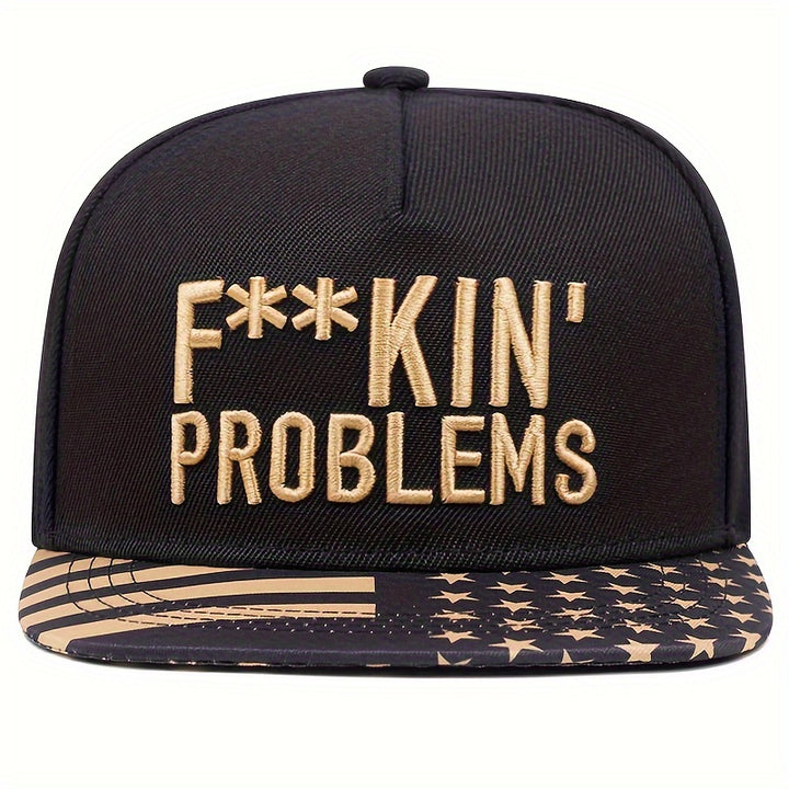 Gorra de Béisbol Bordada en Dorado 'PROBLEMS' - Snapback de Moda, Estilo Hip Hop, Gorra Ligera para Hombre y Mujer. Tejido de Tela