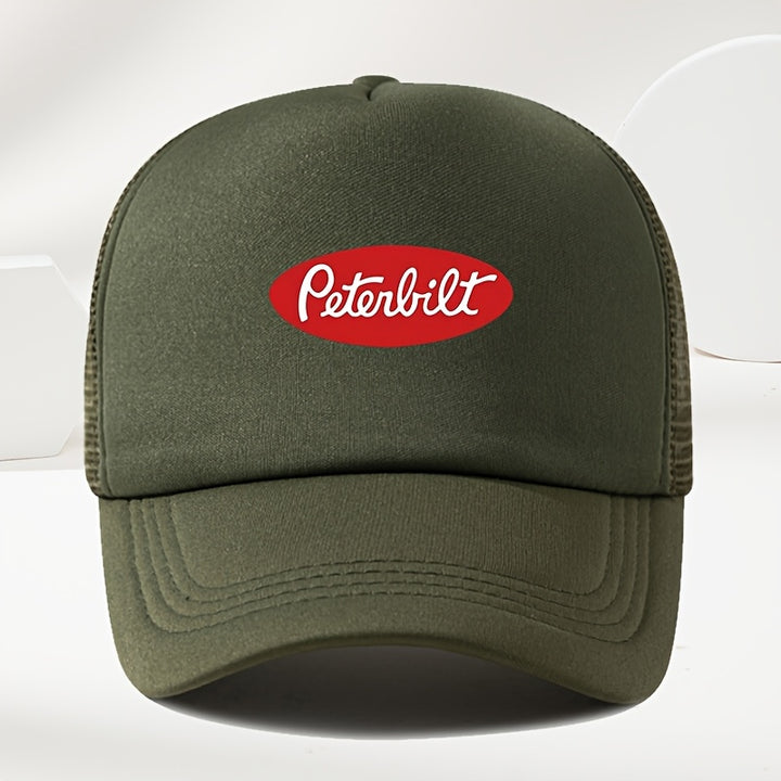 Un sombrero de béisbol de malla transpirable para hombre, estilo callejero, con estampado de Peterbilt rojo, ideal para el verano al aire libre y para conductores de camiones de estilo casual.