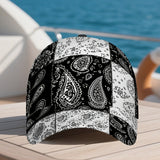 1 pieza, gorra de béisbol con estampado de paisley negro y blanco, gorra ajustable de poliéster ligero, estilo funky para uso casual, ideal para vacaciones y descansos, gorro de vacaciones | Gorra de béisbol funky | Gorra ligera