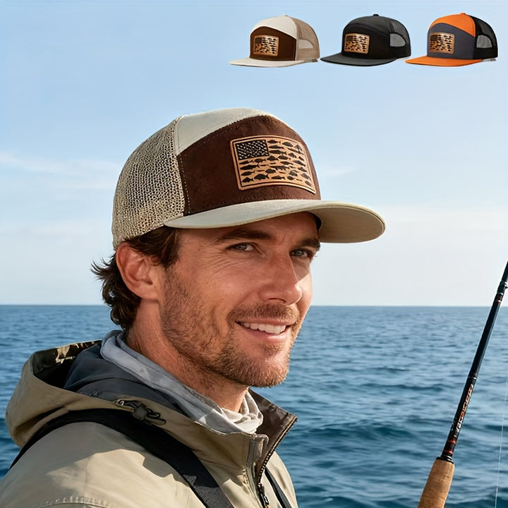 Gorra Trucker de 7 Paneles con Parche de la Bandera Americana - Parte Trasera de Malla Transpirable, Snapback Ajustable, Ligera y Duradera para Pesca, Senderismo, Camping, Actividades al Aire Libre - Unisex, Sombrero para Exteriores | Gorra Trucker Elegan