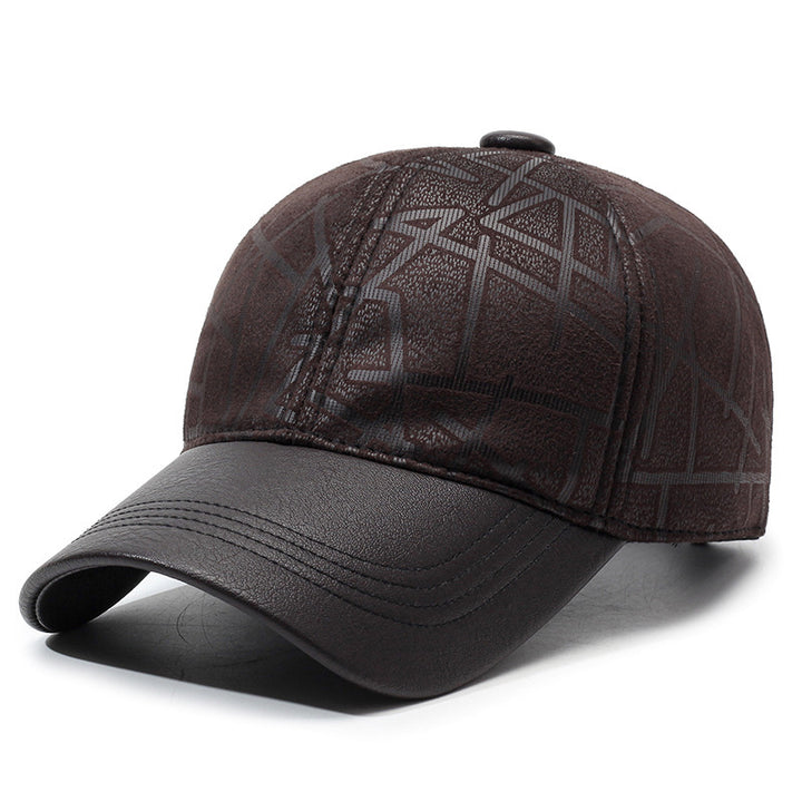 Gorra de Béisbol de Cuero Sintético Elegante para Hombre - Cálida y Estilosa Gorra de Cuero Sintético con Patrón Geométrico en Relieve, Snapback Ajustable para Protección Solar | Ideal para Uso Casual de Otoño e Invierno