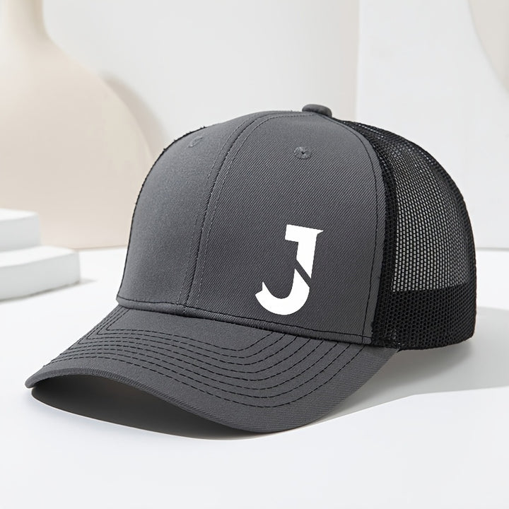 Gorra de béisbol unisex con letra J en el costado, diseño de malla transpirable y visera curva, ideal para primavera y verano. Gorra tipo trucker ajustable, perfecta para actividades al aire libre, deportes, senderismo y pesca