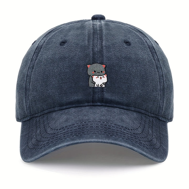 1 pieza de gorra de béisbol bordada con dibujos animados de gatitos grises y blancos, ajustable, ligera, transpirable, para todas las estaciones, poliéster, 100g/m², con instrucciones de cuidado de lavado a mano.