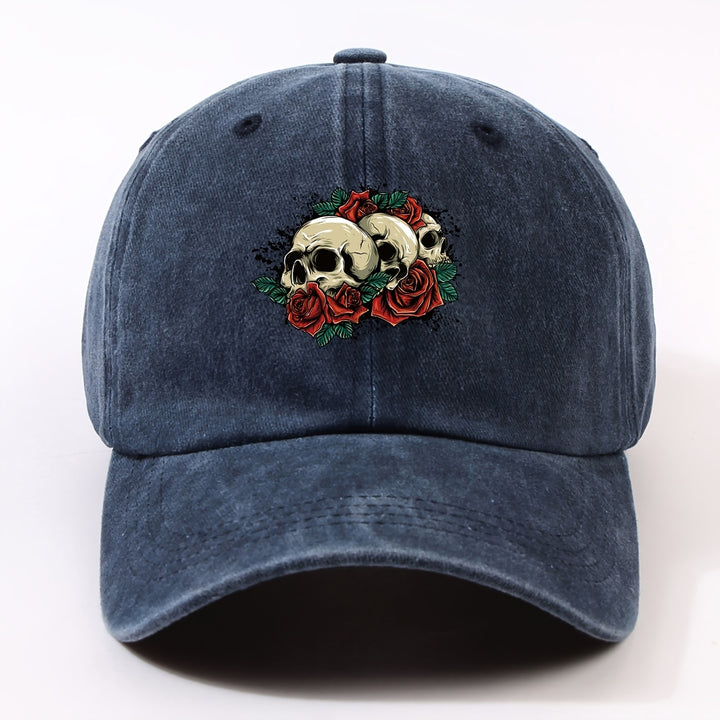 1 Gorra de béisbol impresa con un solo auricular, lavada a mano, ajustable, ligera, no elástica, con tema de vacaciones, diseño de rosa y calavera, para hombres, mujeres, ciclismo urbano al aire libre, todas las estaciones.