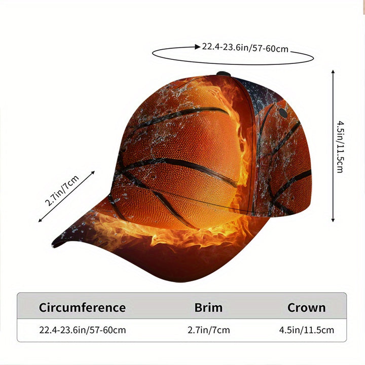 1pc Gorra de Béisbol Ajustable de Poliéster con Estampado de Baloncesto Fusión 2D de Fuego y Agua - Diseño de Cuerpo Completo, Ideal para Deportes, Moda Urbana y Carreras al Aire Libre, Diseño Funky,Ajuste Cómodo,Material Transpirable,Seguidores de Tenden