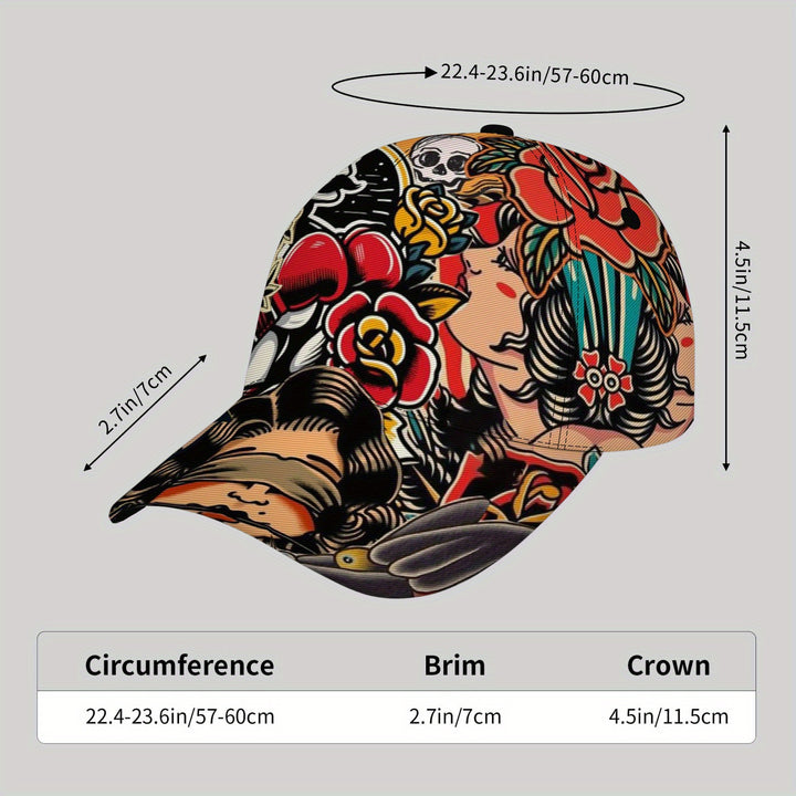 Gorra de Béisbol Hip-Hop Transpirable con Diseño Vibrante de Flores y Calaveras - Cierre Ajustable para Playa, Actividades al Aire Libre, Pesca, Vacaciones - Regalo Casual para Padres, Amigos, Vecinos