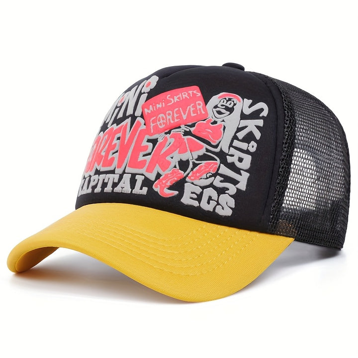 Esta malla ajustable y perforada es apta tanto para hombres como mujeres en estilo hip-hop. Cuenta con letras inglesas e ingeniosos bordados de temática urbana, ideal para deportes al aire libre, ciclismo, conductores de camiones y papás