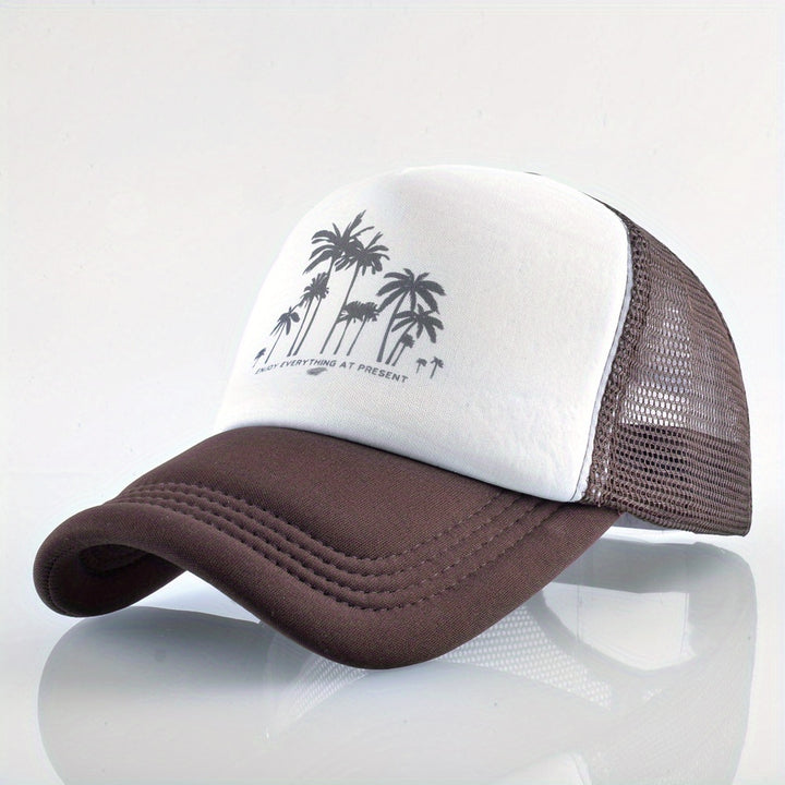 Gorra de béisbol de malla con patrón de árbol de coco, ajustable con cierre de clic, poliéster transpirable para hombres y mujeres, sombrero casual para vacaciones al aire libre, accesorio de playa.