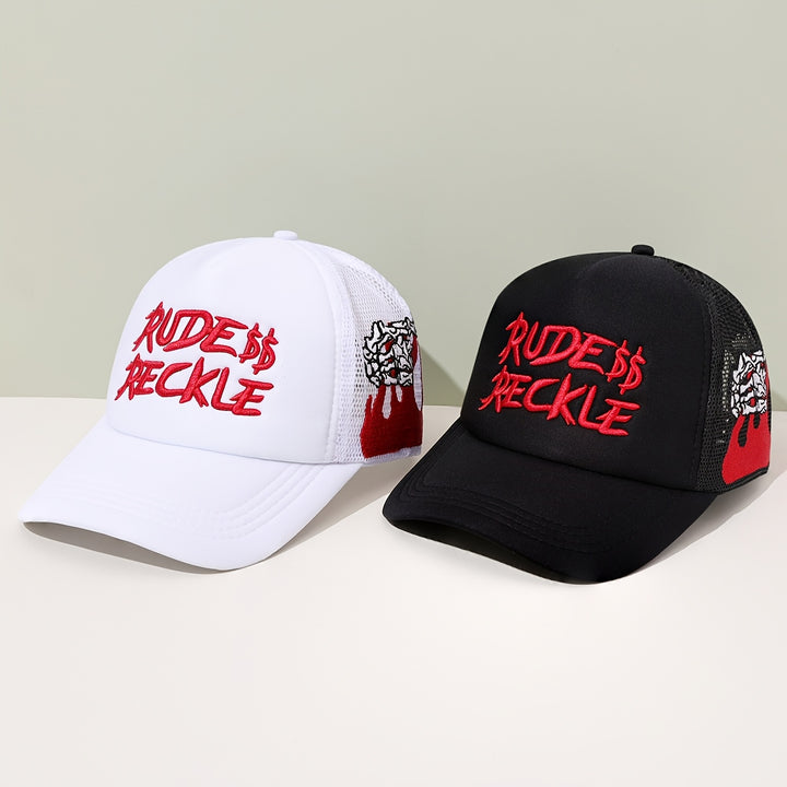 Gorra de béisbol bordada Rude Reckle - Espalda de malla transpirable, ajustable con cierre, diseño negro y blanco con detalles rojos, gorra casual unisex para hombres y mujeres, ropa de cabeza para exteriores | Gorra ajustable con cierre | Equipo de cabez