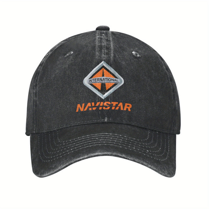 Gorra de béisbol internacional Navistar 2025 - Negro lavado con logotipo rojo y naranja, algodón transpirable, ajuste ajustable para deportes al aire libre, golf, running - Regalo elegante para hombres y mujeres