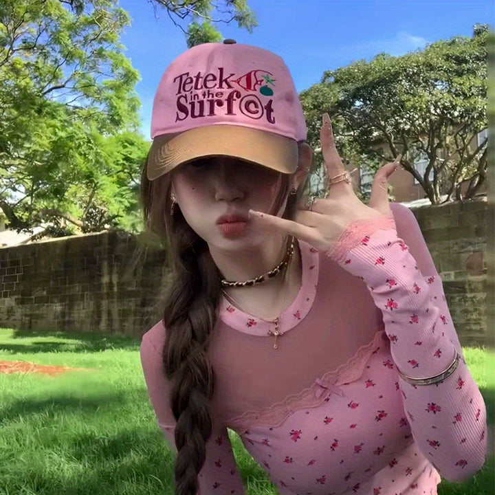 Gorra de Béisbol Ligera Ajustable para Mujeres - Diseño Bordado en Rosa Suave y Contraste, Sombrero Unisex Transpirable para Salidas Casuales & Playa, Moda Retro con Ajuste Cómodo, Accesorio de Playa, Bordados Divertidos, Costura Duradera, Prenda de Cabez