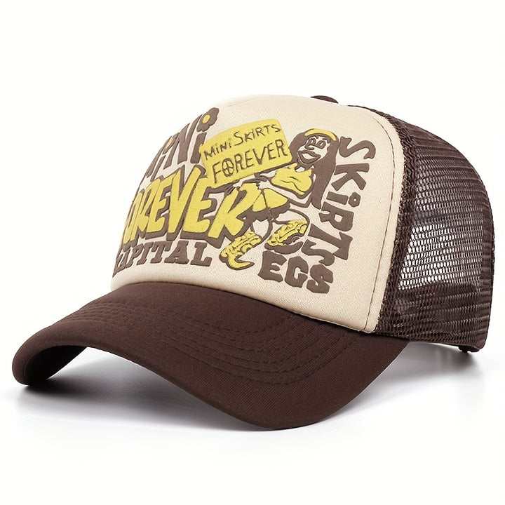 Esta malla ajustable y perforada es apta tanto para hombres como mujeres en estilo hip-hop. Cuenta con letras inglesas e ingeniosos bordados de temática urbana, ideal para deportes al aire libre, ciclismo, conductores de camiones y papás