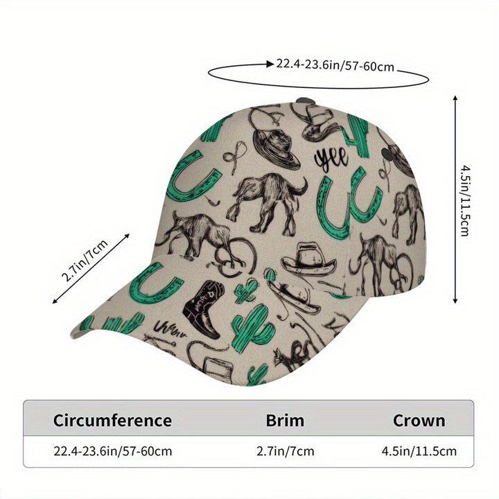 1 gorra de béisbol con estilo vaquero occidental - Gorra vibrante de poliéster con cierre ajustable, diseño completo con cactus, ideales para correr, deportes y ropa de calle al aire libre.