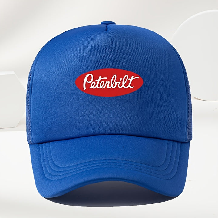 Un sombrero de béisbol de malla transpirable para hombre, estilo callejero, con estampado de Peterbilt rojo, ideal para el verano al aire libre y para conductores de camiones de estilo casual.