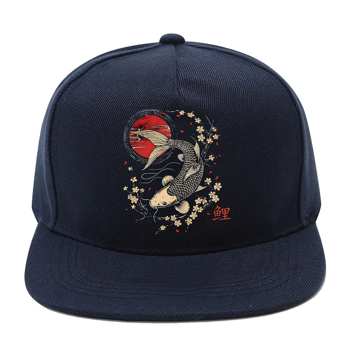 1 pieza, gorra de béisbol japonesa con peces koi y flores de cerezo - Gorra negra con sol rojo, cierre ajustable de snapback, ala plana ligera y no elástica para hombres y mujeres - Calle Y2K, anime, cosplay, uso diario - Gorra de exterior para todas las