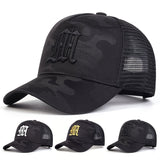 Gorra de béisbol casual para hombres con diseño de letra M, 100% poliéster, ligero, ajustable, con malla trasera transpirable, para protección solar al aire libre, viajes y playa
