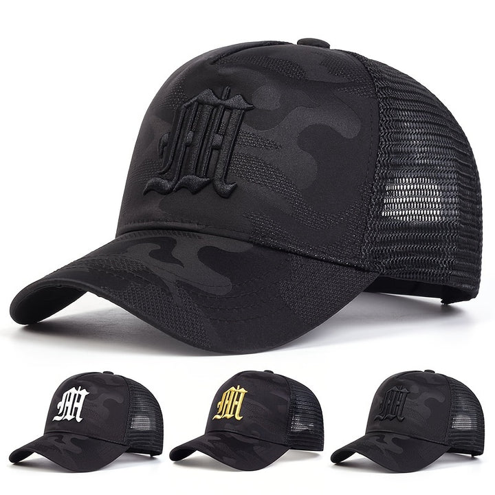 Gorra de béisbol casual para hombres con diseño de letra M, 100% poliéster, ligero, ajustable, con malla trasera transpirable, para protección solar al aire libre, viajes y playa