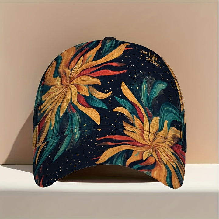 1 Gorra de béisbol con estampado de flujo Radiant Sunburst - Sombrero ajustable con cierre a presión, diseño floral vibrante y noche estrellada, ligera, perfecta para salidas diarias, reuniones de grupo, Navidad, ropa casual, sombrero casual, sombrero ele
