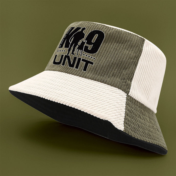 Gorro de Pana para Todas las Estaciones con Logo de Cachorro K9 y Texto K9 UNIT - Cierre Ajustable con Broche, Plegable para Exteriores y Uso Casual - Pana Verde Oliva/ (Lavable a Máquina)