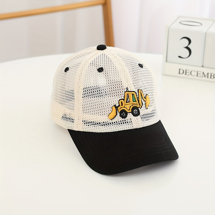 Gorra de béisbol infantil con diseño de excavadora, malla transpirable, ajustable con elástico, ideal para deportes y actividades al aire libre