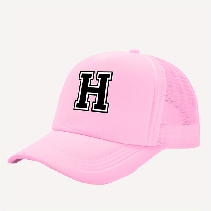 Gorra de camión con estampado de 26 letras rosa para niñas - Espalda de malla transpirable, cierre ajustable con clic, diseño de letras A-Z adecuado para regreso a clases, cumpleaños y verano | Regalo de moda, equipo casual para jóvenes | Gorra de béisbol