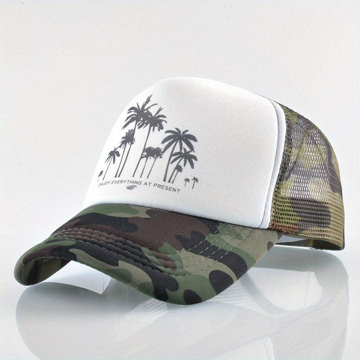 Gorra de béisbol de malla con patrón de árbol de coco, ajustable con cierre de clic, poliéster transpirable para hombres y mujeres, sombrero casual para vacaciones al aire libre, accesorio de playa.