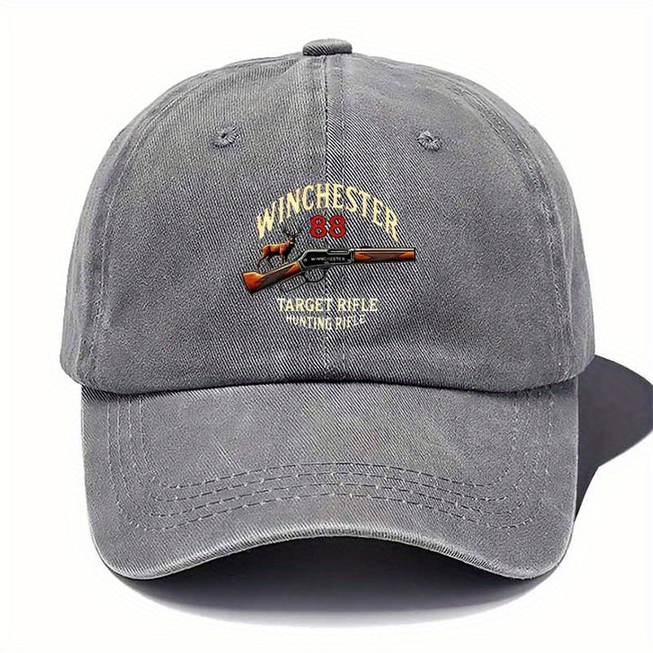 Gorra de Caza para Hombres/Mujeres - Sombrero de Exploración en la Naturaleza con Gráfico de Rifle, Gris Oscuro/Oliva, Accesorio para Cazadores y Actividades al Aire Libre, Lavable a Mano, Diseño Resistente, Tela Duradera, Ideal para Camping y Deportes de