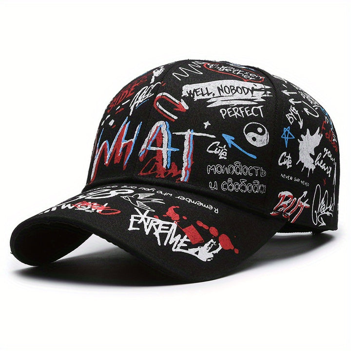 Gorra de béisbol estilosa con impresión de graffiti moderna, diseño hip-hop versátil y protección solar para estilos europeo y americano, disponible en 4 colores