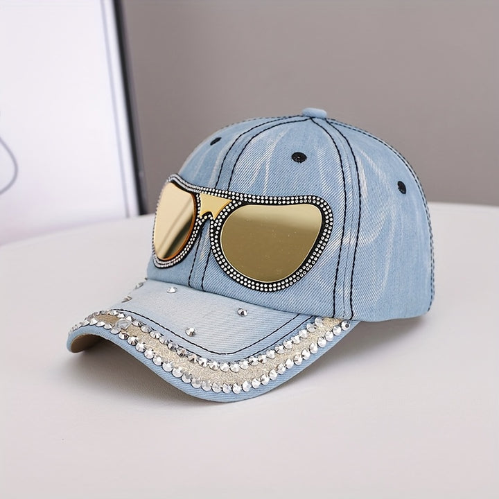 Gorra de Béisbol con Rhinestones para Mujer, Estilo Y2K Clásico Azul, Nuevo Sombrero Europeo y Americano al Sol, Diseño en Forma de Gafas e Incrustaciones de Cristales, Ideal para Uso Diario o Festivales Musicales