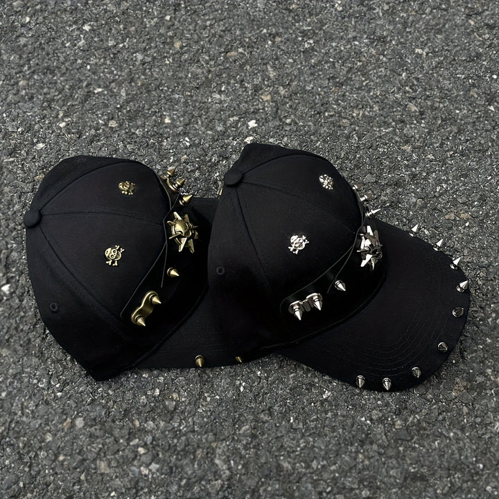1 gorra de béisbol estilo punk con diseño de calavera y tachuelas, ajustable con cierre trasero, poliéster negro, accesorio de moda urbana para el día a día o looks festivos, sombrero casual | Estilo urbano atrevido | Ojillos metálicos