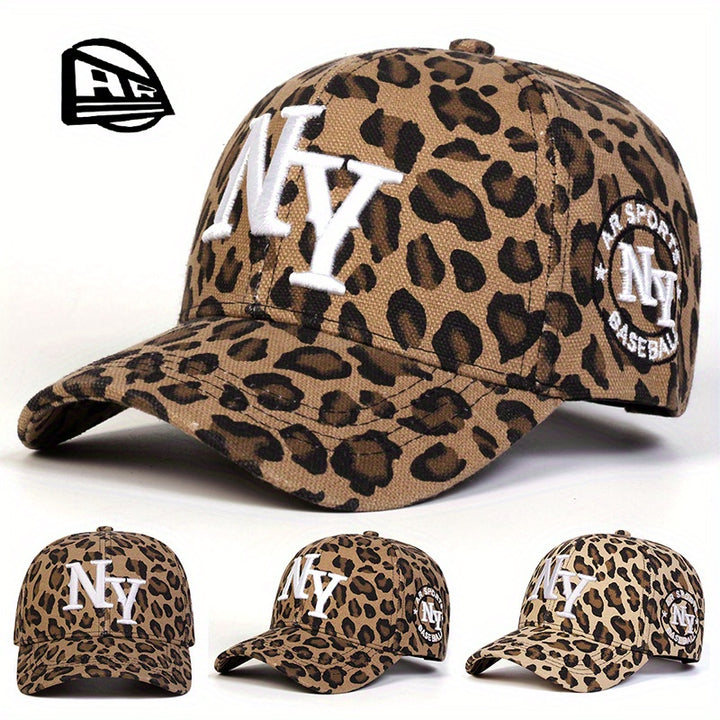 Gorra de béisbol para mujer con estampado de leopardo NY, ajustable con cierre de broche, ala ancha para protección solar, ideal para viajes al aire libre, fiestas en la playa y uso casual, accesorio para fiestas playeras | Gorra deportiva | Gorra teji...