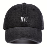 1pc Gorra de béisbol de denim bordado para mujer de Nueva York, 100% poliéster, ajuste ajustable, protección solar, gorra casual para primavera y otoño, accesorio de playa y fiesta