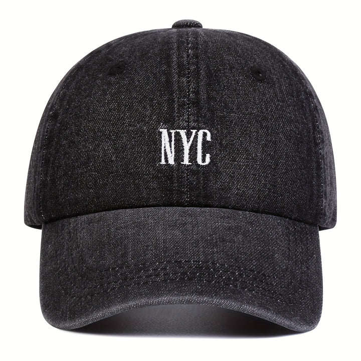 1pc Gorra de béisbol de denim bordado para mujer de Nueva York, 100% poliéster, ajuste ajustable, protección solar, gorra casual para primavera y otoño, accesorio de playa y fiesta