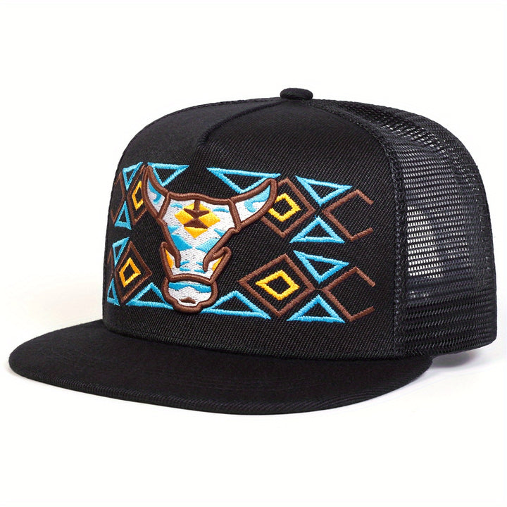 Gorra de béisbol para hombre con bordado de cabeza de toro, ideal para hip-hop, actividades al aire libre, gorra de malla ajustable para protección solar, perfecta para uso casual en viajes a la playa o vacaciones durante primavera y otoño
