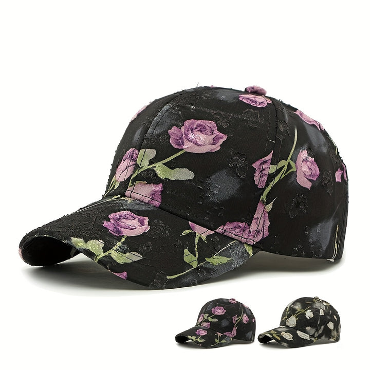 Nueva gorra de béisbol con estampado floral elegante, parte superior dura, para mujer, para uso casual al aire libre en primavera/verano/otoño, gorra versátil con forma de pico de pato, de moda.