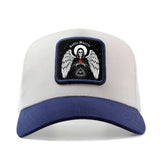 Gorra de Béisbol Gótica Mexicana con Arte Popular Santa Muerte para Hombres y Mujeres - Gorra Trucker Ajustable Snapback, Parte Trasera Transpirable en Redeza, Panel Frontal Blanco & Visera Negra, Sombrero Casual Unisex al aire Libre Verano para Hombre, m