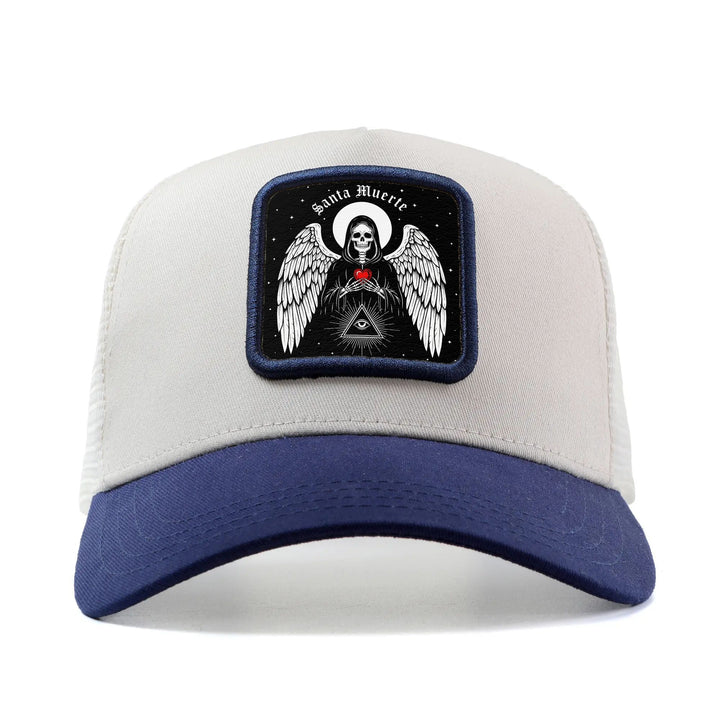Gorra de Béisbol Gótica Mexicana con Arte Popular Santa Muerte para Hombres y Mujeres - Gorra Trucker Ajustable Snapback, Parte Trasera Transpirable en Redeza, Panel Frontal Blanco & Visera Negra, Sombrero Casual Unisex al aire Libre Verano para Hombre, m