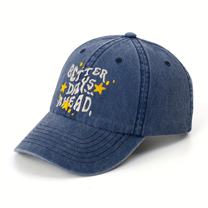 Una gorra de béisbol casual con estrellas y letras bordadas, con una parte superior suave y un visor ajustable, perfecta para el streetwear al aire libre.