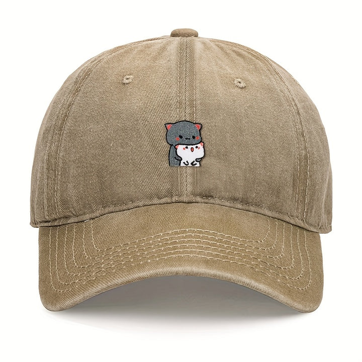 1 pieza de gorra de béisbol bordada con dibujos animados de gatitos grises y blancos, ajustable, ligera, transpirable, para todas las estaciones, poliéster, 100g/m², con instrucciones de cuidado de lavado a mano.