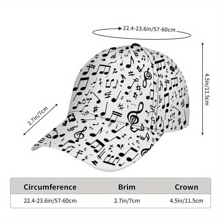 1 Gorra de Béisbol con Estampado de Notas Musicales 2D - Gorra Snapback de Poliéster Estilosa con Impresión Vibrante de Cuerpo Completo, Ligera y Ajustable para Deportes al Aire Libre y Uso Casual, Accesorio de Festival,Moda Streetwear,Diseño a la Moda,Aj