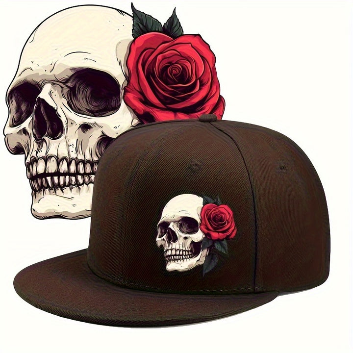 2D Plano - Un sombrero 2D plano con diseño de rosas y calaveras, con una borla lisa de color sólido, lo que lo convierte en una excelente opción de regalo para cualquier persona.