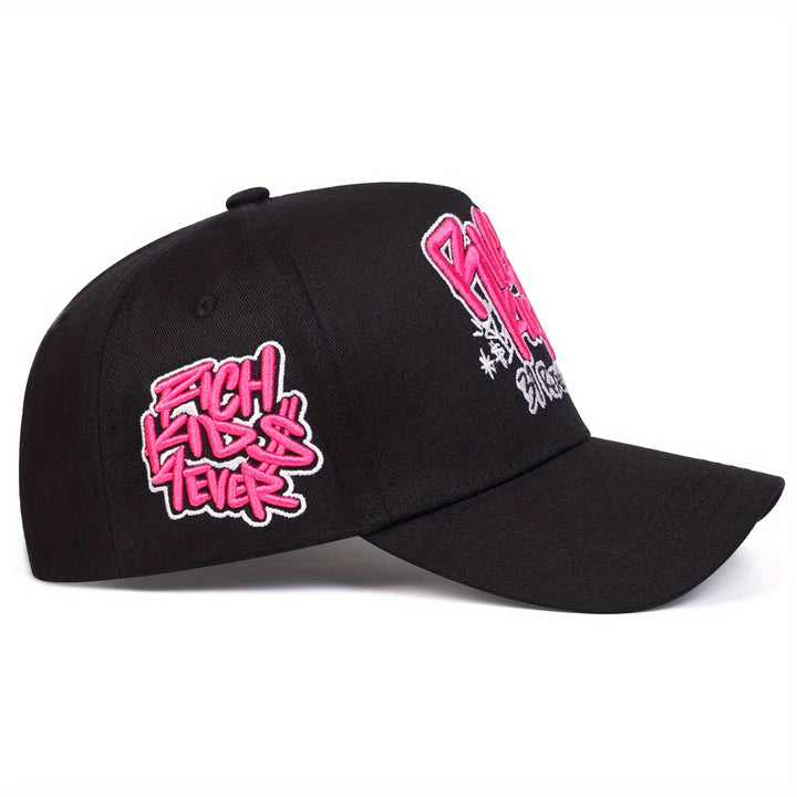Gorra de béisbol ajustable para mujer - Estilo negro con 'BILLS FIGHT' y grafiti rosa, protección solar, poliéster transpirable, ideal para actividades al aire libre en primavera y otoño, viajes, vacaciones en la playa.