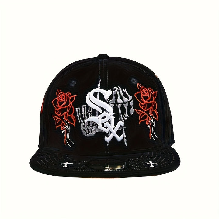 Gorra de béisbol para hombre NEW ERA con calavera gótica y flor de rosa - Snapback ajustable, gorro de streetwear para todas las estaciones con diseño de 6 paneles, /Rojo/