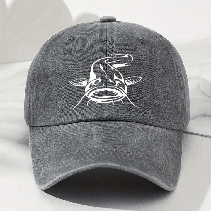 Gorra de Béisbol Blanca con Estampado de Pescado Desgastada, Visera Curva Casual y Suave, Tamaño Ajustable para Exteriores, Gorra Duckbill a la Moda