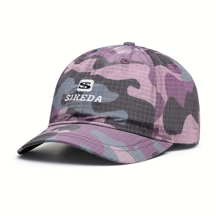 Gorra de Béisbol Camuflada para Hombre de Secado Rápido con Diseño de Surf y Aire Libre - Ala Ancha, Sombrero de Textil Camuflado para Surf, Camping, Uso Casual (Morado, Patrón Camuflado)