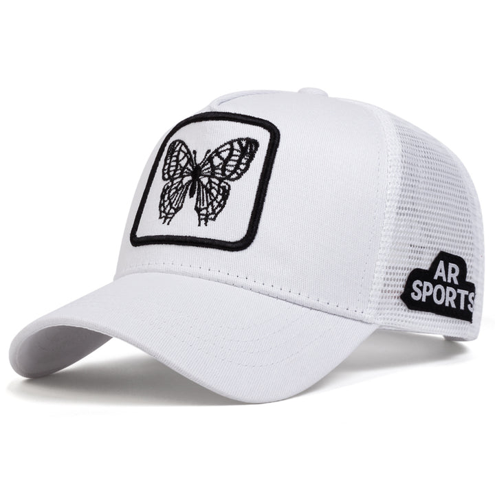 Gorra de Camionero Bordada con Mariposa para Hombre - Gorra de Béisbol Ajustable para Protección Solar al Aire Libre, Malla Ligera y Transpirable en la Parte Posterior, Diseño Elegante de Animales en Naranja, Negro/Blanco o Amarillo, Ideal para Viajes, Va