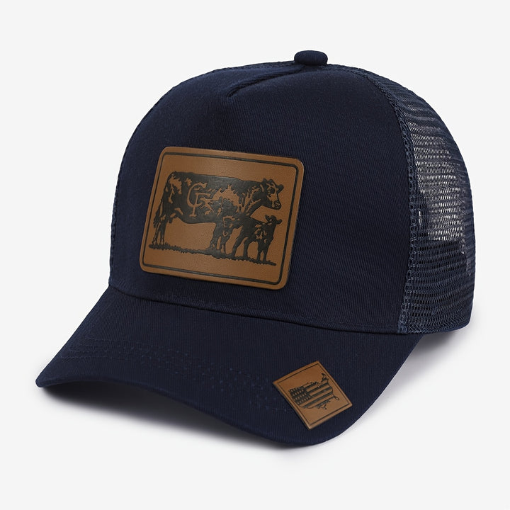 Gorra Trucker Grande de Estilo Europeo con Parches de Malla - Visera Ancha con Estampado Animal de Piel de Vaca, Ligera 50% /, Marrón Pastoral/Beige para Viajes al Aire Libre, Visitas a Granjas y Uso Casual (Ajustable)