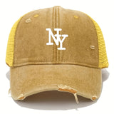 Gorra de camionero de malla desgastada con estampado de NY para hombre - Gorra de béisbol ligera, transpirable, con cierre de snapback, gris, gorra de béisbol