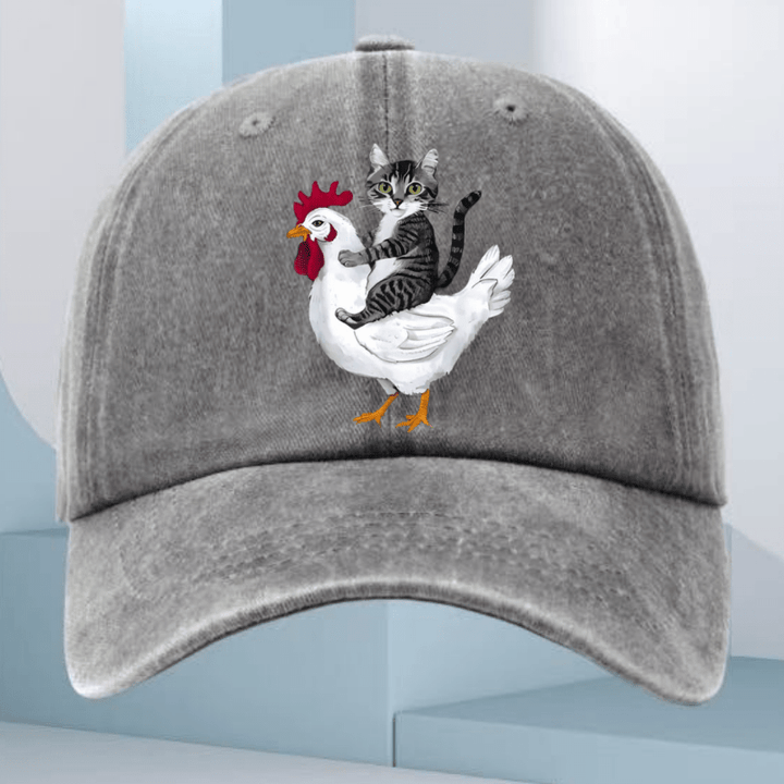 Gorra de Béisbol Ajustable para Hombre con Estampado de Gato y Pollo - Azul Marino, Tejido Suave y Correa Ajustable, Diseño Divertido, Ropa Casual, Gorra Única, Accesorio Duradero